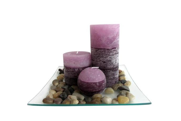 TORO Dárkový set 3 svíček s vůní levandule na skleněném podnosu s kameny